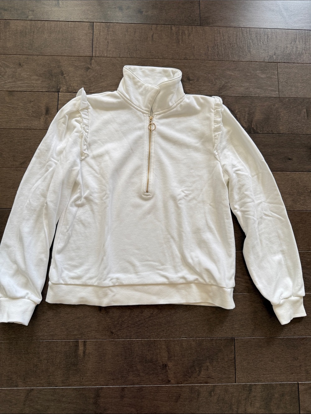 Generation Love White Quarter-Zip Ruffle Shoulder Light Weight Sweatshirt